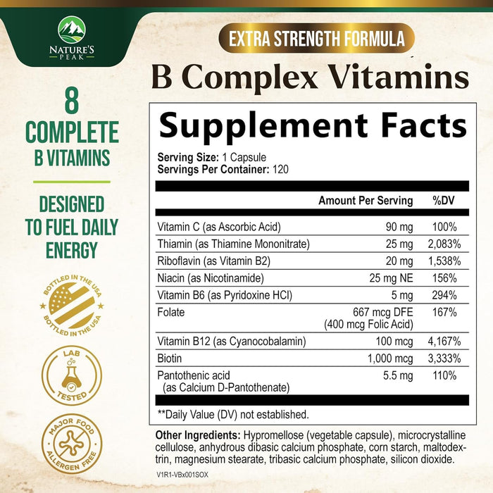 B Complex Vitamin Supplement 1000mcg - 3X Strength with Vitamin C & Folic Acid - Super B Complex Vitamins for Energy, Supports Hair Growth, Immune Support for Women & Men, USA Bottled - 120 Capsules