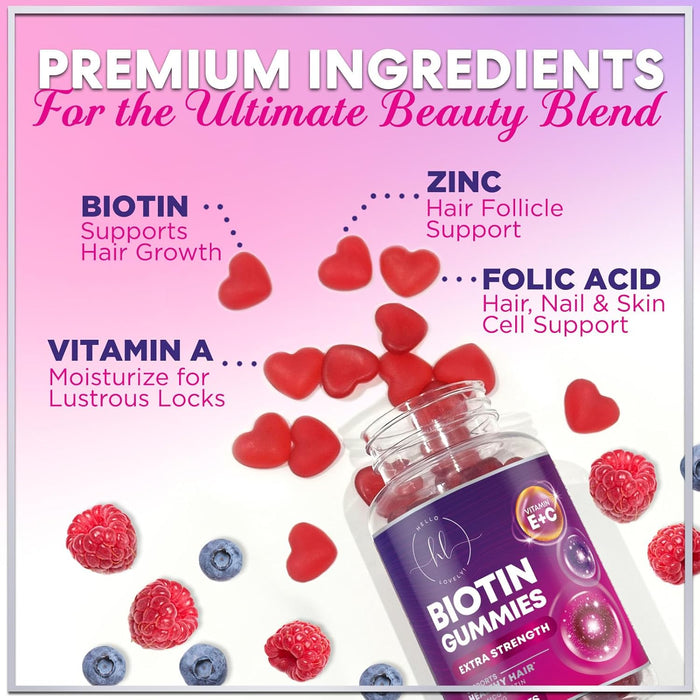 Hello Lovely! Hair Growth Vitamins Gummy with Biotin 5000 mcg Vitamin E & C, Hair Gummies for Keratin & Hair Growth Support, Hair, Skin & Nails Biotin Vitamin Supplement, Non-GMO