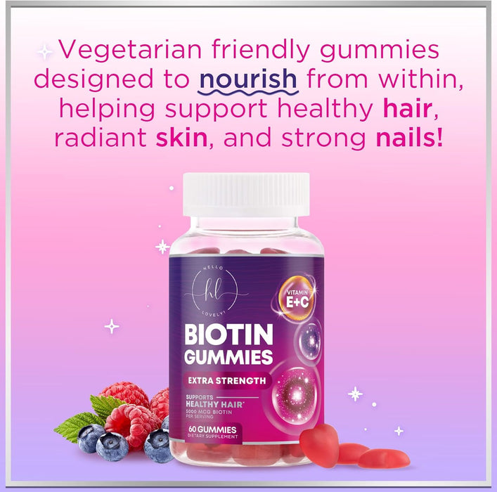 Hello Lovely! Hair Growth Vitamins Gummy with Biotin 5000 mcg Vitamin E & C, Hair Gummies for Keratin & Hair Growth Support, Hair, Skin & Nails Biotin Vitamin Supplement, Non-GMO