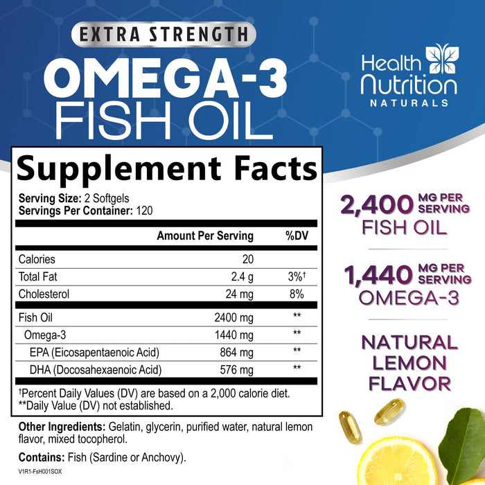 Omega 3 Fish Oil 2400 mg - Triple Strength Omega3, EPA & DHA Fatty Acids Supplement - Natural Support for Immune, Heart & Brain Health - Wild Caught, Non-GMO, Lemon Flavor, Burpless - 240 Softgels