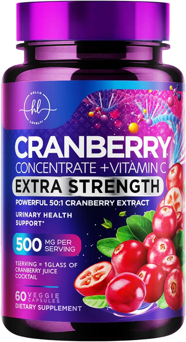 Cranberry Supplement 25,000mg Formula + Vitamin C – Urinary Tract Health Support for Women & Men, 50:1 Whole Fruit Cranberry Extract Pills for Women, Sugar-Free, Non-GMO, Gluten-Free - 60 Capsules