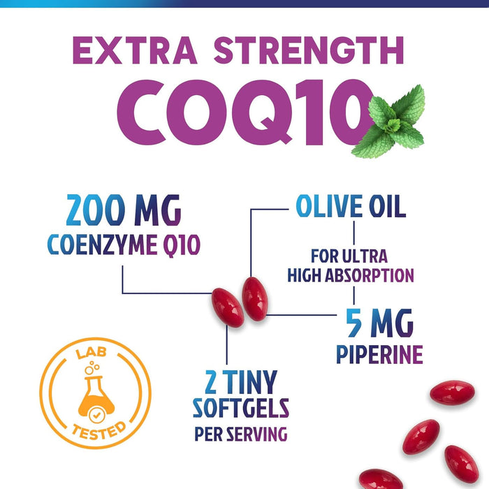 CoQ10 200mg - Ultra High Absorption Co Q 10 Softgel Supplement With Black Pepper, Energy & Heart Health Support Antioxidant - Coenzyme Q10 (Ubiquinone) for Women & Men, Bottled in USA - 240 Softgels