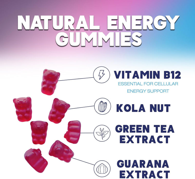 Energy Gummies Vitamin B12, Green Tea and Guarana Extract, Daily Energy Vitamin Supplement, Delicious Raspberry Flavor Gummy Chewable Supplement for Men and Women, Non-GMO and Vegan