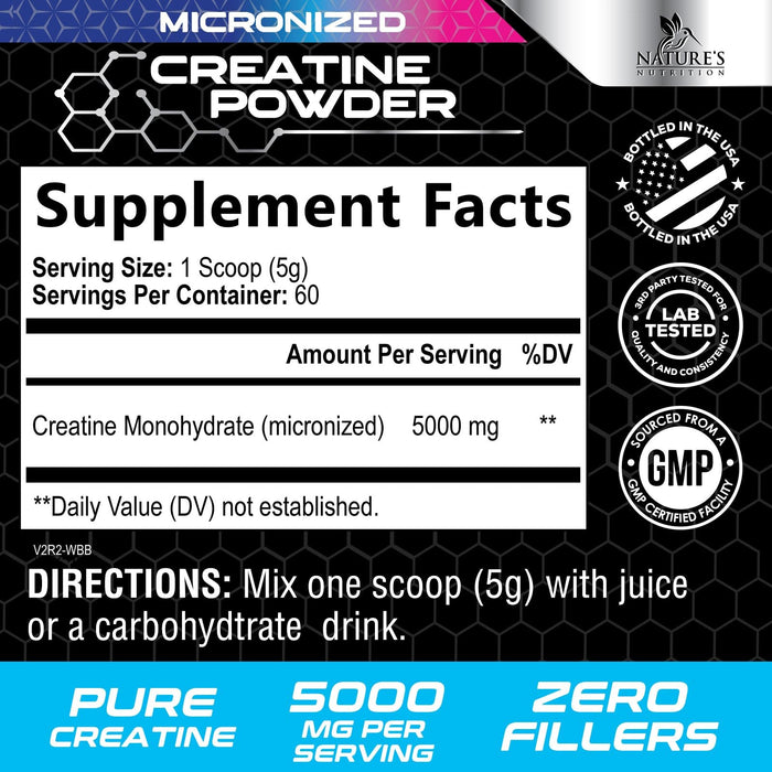Creatine Monohydrate Powder 5000mg - Micronized Unflavored - 60 Servings