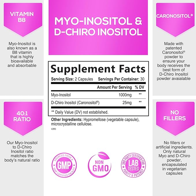 Myo-Inositol & D-Chiro Inositol Blend - 60 Day Supply, Premium 40:1 Ratio, Hormone Support for Women, Ovarian Health Myo Inositol Vitamin B8, Nature's Inositol Supplement