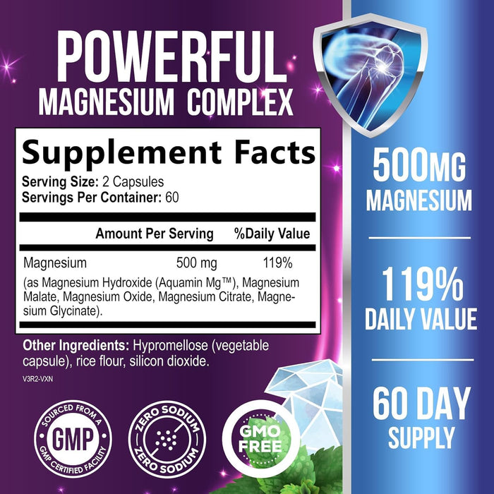 Magnesium Complex Capsules 500 mg with Oxide, Glycinate, Malate, Citrate - High Absorption Complex Chelated Magnesium Mineral Supplements - for Muscle, Bone and Heart Health Support - 120 Capsules