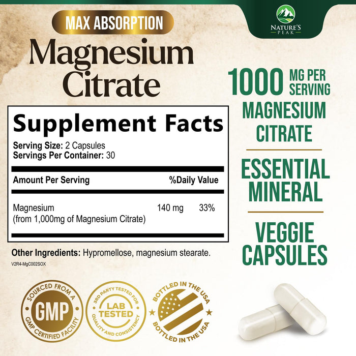 Magnesium Citrate 1000mg - High Absorption Magnesium Supplement Supports Muscle, Bone, Nerve & Heart Health - Extra Strength Magnesio Complex Pills - Non-GMO, Premium Energy Formula - 60 Capsules