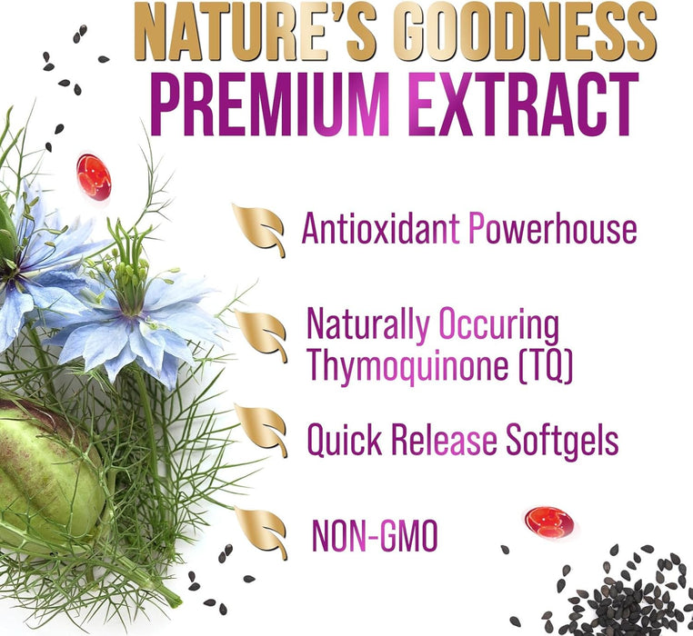 Black Seed Oil Softgels 1000mg - Premium Extra Strength Nigella Sativa Black Seed Oil, Pure Black Cumin Seed Oil for Hair, Skin, Brain Health & Immune Support, Non-GMO, Sugar & Gluten Free