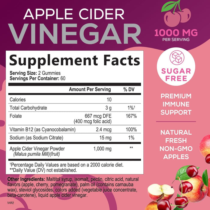 Nature's Nutrition - Vegan Apple Cider Vinegar Gummies 1000mg for Detox Cleanse - Natural Digestion & Immune Health Support, Vitamins B12, Folic Acid, ACV Gummy Supplement