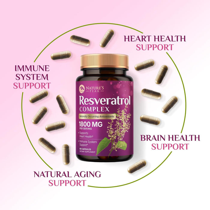 100% Natural Resveratrol 1800mg - 3X Strength Trans-Resveratrol Pills for Heart Health, Best Resveratrol Supplements, Potent Polyphenols Antioxidant Complex, Non-GMO, Bottled in USA - 60 Capsules