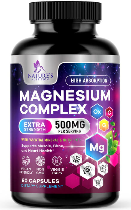 Magnesium Complex Supplement 500 mg - 5 in 1 High Absorption Chelated Magnesium Glycinate, Malate, Citrate, Oxide, Aquamin - Non-GMO Magnesio Capsules, Bone Muscle & Heart Health Support, 60 Capsules