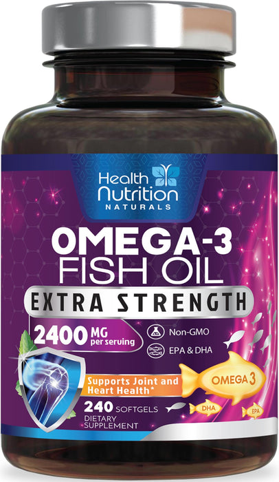 Omega 3 Fish Oil 2400 mg - Triple Strength Omega3, EPA & DHA Fatty Acids Supplement - Natural Support for Immune, Heart & Brain Health - Wild Caught, Non-GMO, Lemon Flavor, Burpless - 240 Softgels