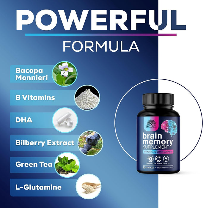 Nootropic Brain Supplements Focus Memory Supplement Pills - Mental Support & Concentration - Brain Health & Energy with B Vitamins, Phosphatidylserine, Nature's Vitamins for Men & Women - 60 Capsules