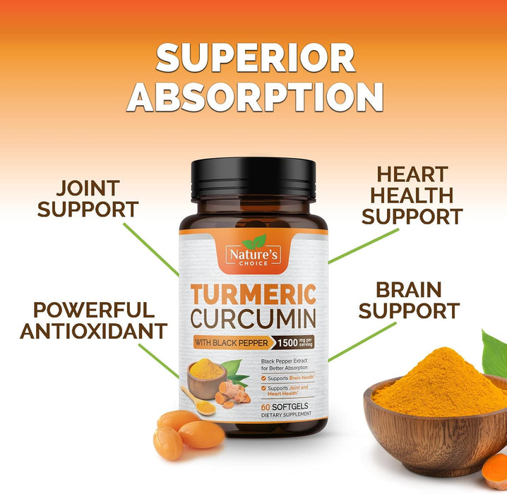 Turmeric Curcumin with Black Pepper Extract 1500mg, Advanced Absorption Tumeric Extract Liquid Softgels Herbal Supplement, Curcuminoids Antioxidant Joint Support for Women & Men, Non-GMO - 60 Softgels