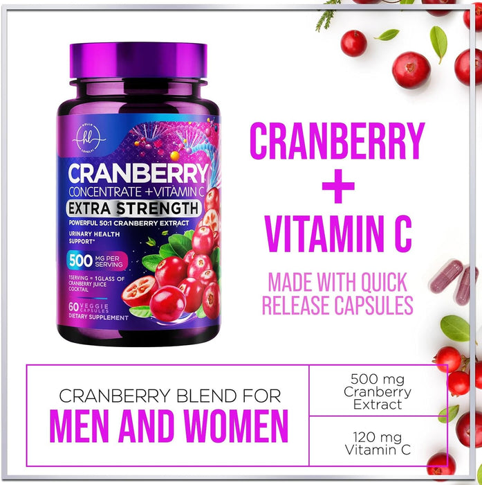 Cranberry Supplement 25,000mg Formula + Vitamin C – Urinary Tract Health Support for Women & Men, 50:1 Whole Fruit Cranberry Extract Pills for Women, Sugar-Free, Non-GMO, Gluten-Free - 60 Capsules