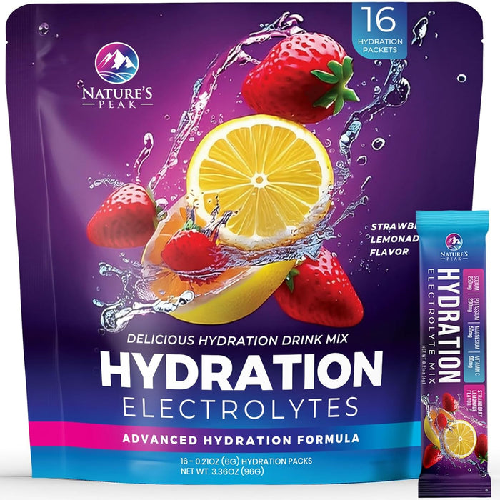 Electrolytes Powder Hydration Packets - Liquid Replenisher & Recovery Drink w Real Salt - Feel Revitalized, Keto & Sugar Free, Non-GMO, Vegan Electrolyte Drink Mix, Strawberry Lemonade - 16 Servings