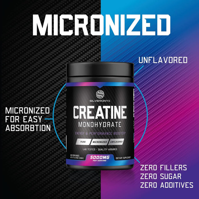 Creatine Monohydrate Powder 5000mg - Pure Micronized Creatine Mono Nutritional Supplement - Pre Workout for Energy & Muscle Support, Unflavored Monohydrate Powder, Bottled in USA - 60 Servings