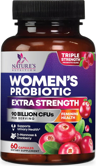 Nature's Nutrition Formulated Probiotics for Women with Prebiotics - Womens Probiotic for Digestive, Vaginal, Urinary Support, 90 Billion CFU & 16 Diverse Strains, Cranberry & D-Mannose