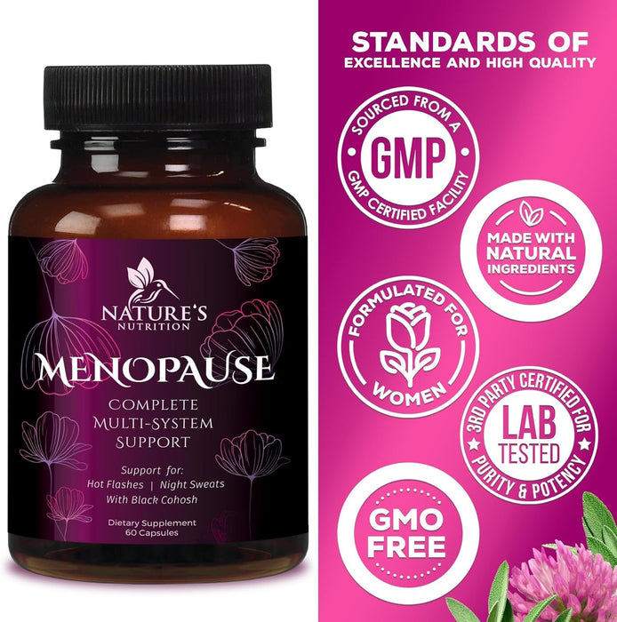 Menopause Supplements for Women - Menopause Relief Vitamins with Black Cohosh, Hot Flashes, Night Sweats, Energy & Hormone Support, Non-GMO, Nature's Menopause Relief for Women - 60 Capsules