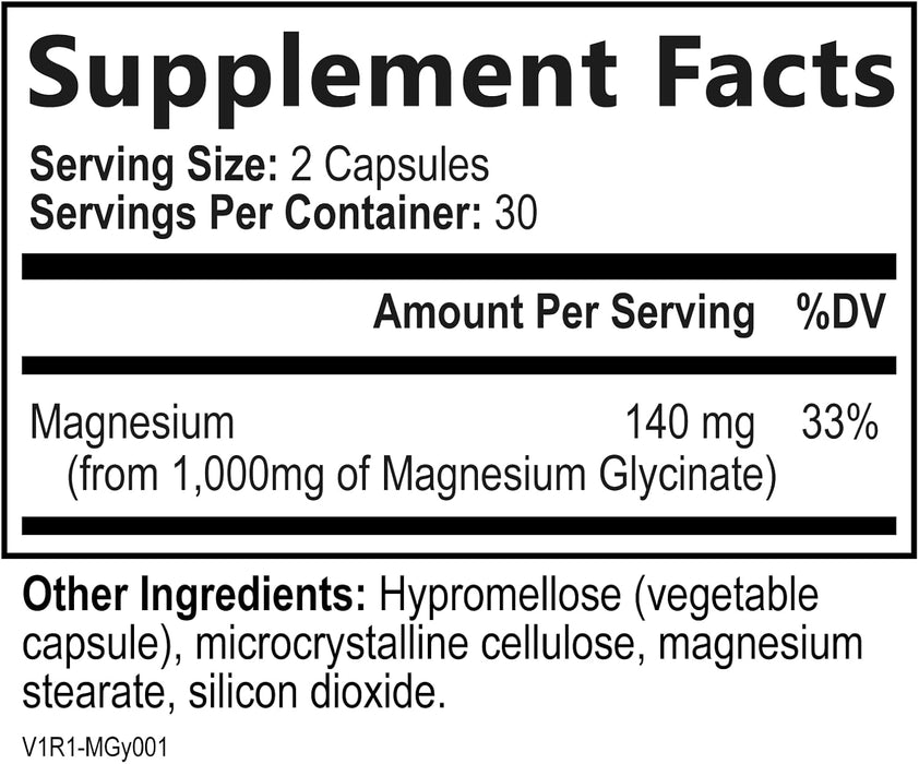 Magnesium Supplement for Women & Men - 140mg Total Magnesium from 1000mg Magnesium Glycinate to Support Muscle, Nerve, Bone & Heart Health - Natural, Vegan, High Absorption & Chelated