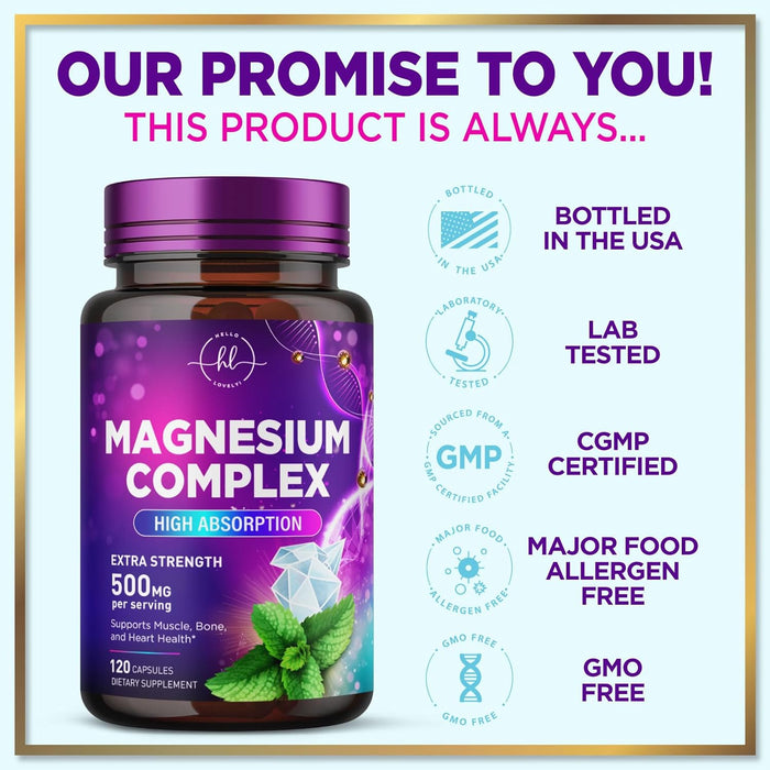 Magnesium Complex 500 mg - Best Blend of Glycinate, Citrate, Malate & Oxide - Supports Sleep, Muscle, Bone & Heart Health - High Absorption, Chelated Magnesium Mineral Supplement - 120 Capsules