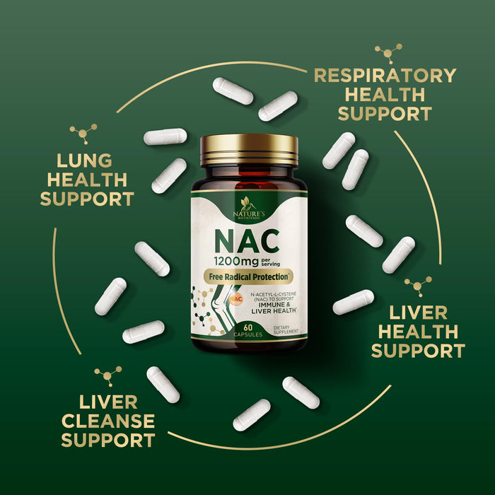 NAC Supplements N-Acetyl L-Cysteine (NAC) 1200 mg - NAC Supplement for Lung Health & Immune Support, Liver Support & Antioxidants, Freefrom N-Acetylcysteine, Gluten Free, Non-GMO, 60 Veggie Capsules