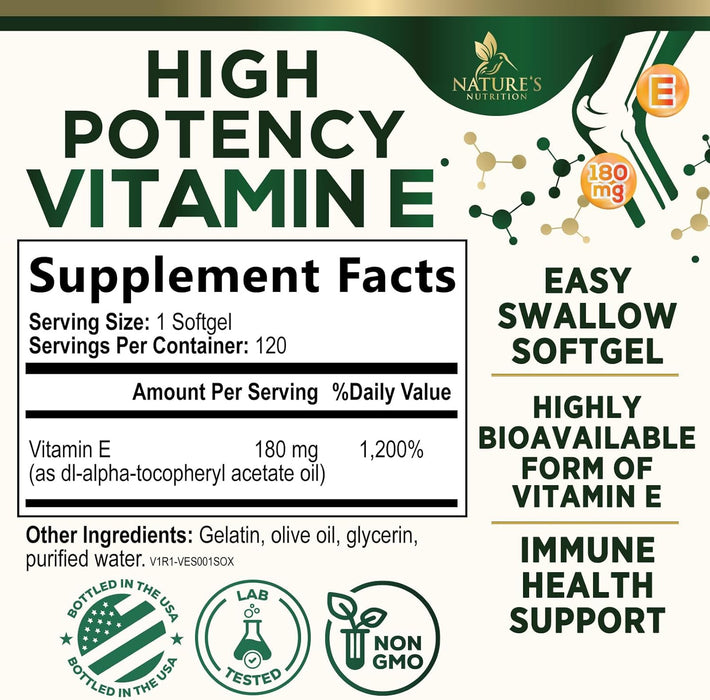 Vitamin E 400 IU Softgels (180mg DL-Alpha) for Women & Men, Supplement for Max Absorption, Nature's Antioxidant for Skin, Heart, Eye, and Immune Health Support, Dairy, Gluten & Soy Free