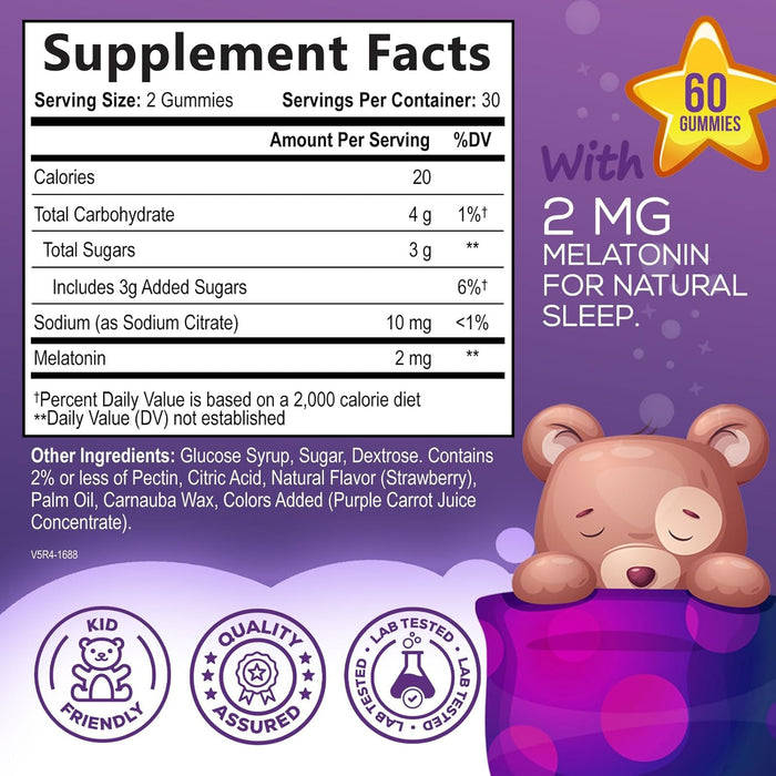 Kids Sleep Gummies, 2mg Melatonin, Nature's Effective & Drug-Free Restful Sleep Support Supplement, Childrens Melatonin Gummy for Ages 4 & Up, Vegan, Non-GMO, Natural Color & Berry Flavor - 60 Gummies