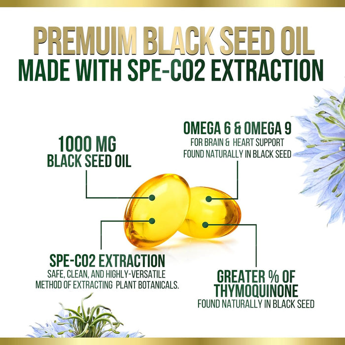 Premium Black Seed Oil Capsules Vegan Cold-Pressed 1000mg - Extra Strength Nigella Sativa Black Seed Oil, Nature's Pure Black Cumin Seed Oil for Immune, Hair and Brain Support, Non-GMO