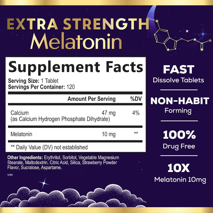 Melatonin 10mg, Strawberry-Flavored Fast Dissolve Tablets for Natural Sleep Support, Maximum Strength Melatonin Dietary Sleep Supplement for Adults, Sugar Free, Vegetarian, Non-GMO