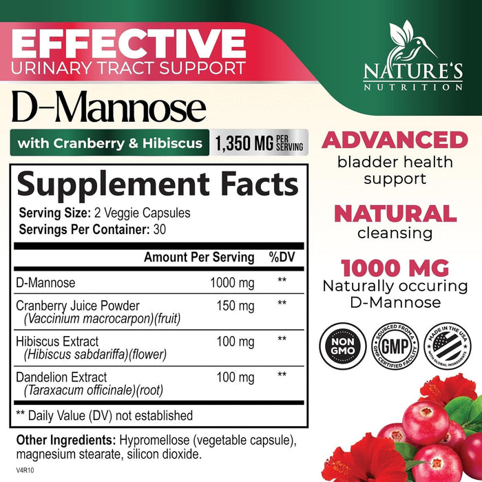 D-Mannose & Cranberry Extract 1350mg Advanced Formula, Fast-Acting Natural Urinary Tract Health Support for Women & Men, Flush Impurities in Urinary Tract & Bladder, Non-GMO, Vegan