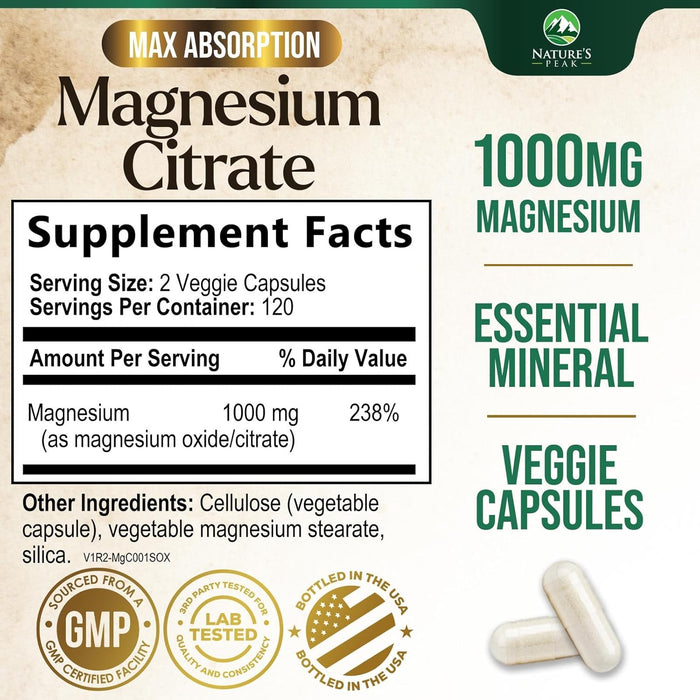 Magnesium Supplement 1000mg - Extra Strength Magnesium Complex for Muscle, Nerve, Bone & Heart Health Support - High Absorption Magnesium Citrate 500mg Capsules