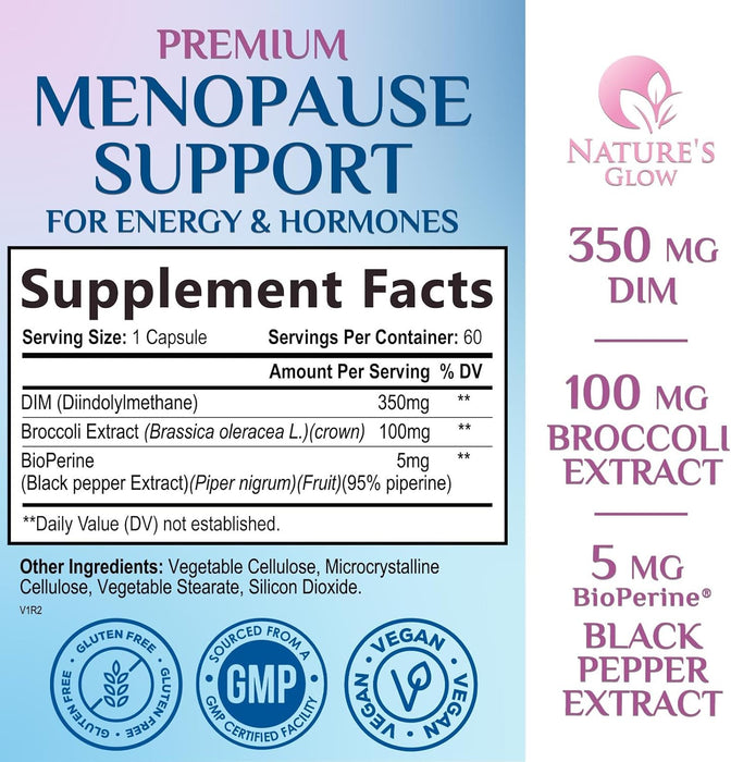 Nature's Glow Menopause Supplements for Women w/DIM - Menopause Relief Vitamins for Hormone Support, Hot Flashes, Night Sweats & Energy Support, Non-GMO Menopause Vitamins - 60 Capsules