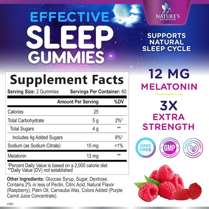 Melatonin Sleep Gummies - Extra Strength Sleep Gummy, 12 mg Melatonin, Natural Melatonin Gummy Sleeping Support Dietary Supplement for Adults, Vegan, Non-GMO, Natural Berry Flavor