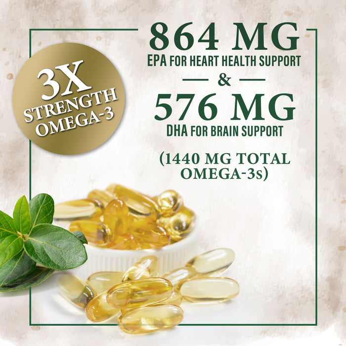 Omega 3 Fish Oil Pills 2400mg - Triple Strength Omega 3 Fish Oil Supplements - Best EPA & DHA Fatty Acids for Brain & Heart Health Support, Nature's Omega3 Supplement, 30 Day Supply - 60 Softgels