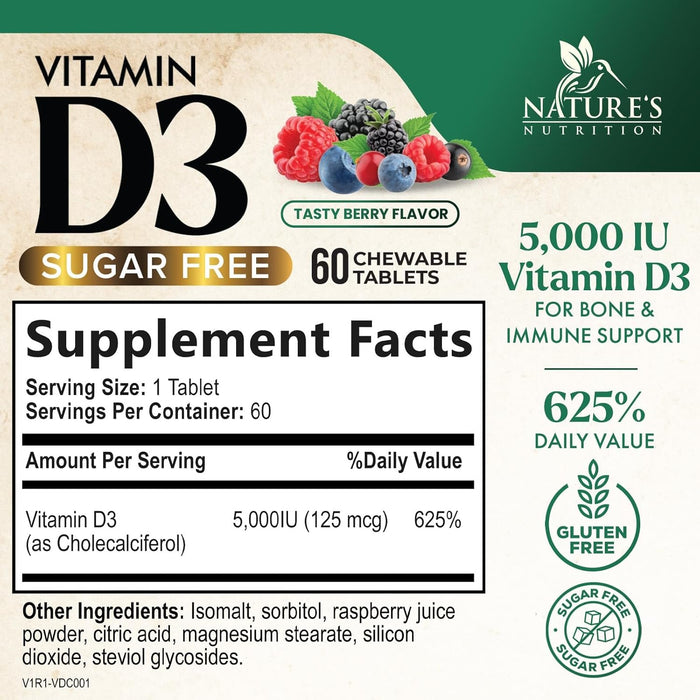 Vitamin D3 5000 IU (125 mcg) - Chewable D Vitamin for Bone, Teeth, Muscle & Immune Support, Sugar Free, Non-GMO, Gluten Free, Nature's Extra Strength Vitamin D Supplements