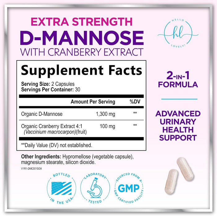 Organic D Mannose 1300mg per Serving Supplements - Extra Strength D-Mannose Capsules with Cranberry - for Natural Gentle Cleansing & Urinary Tract Health Support - Bottled in USA - 60 Capsules