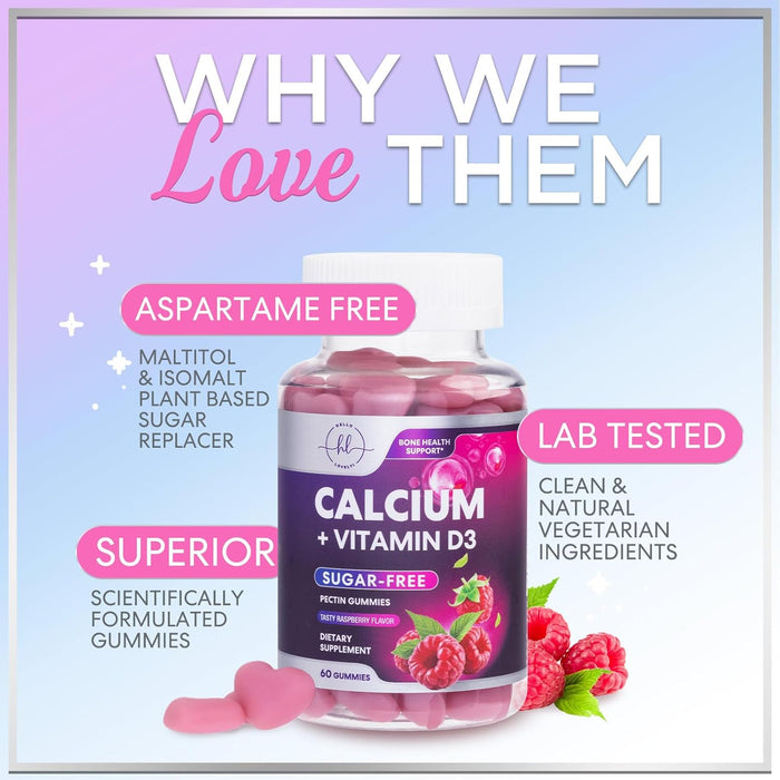 Calcium Supplement Gummy for Women & Men - Sugar Free Calcium with Vitamin D3, Bone Health & Immune Support, Supports Teeth & Bone Strength, Vitamin Calcium Chews, Non-GMO - 60 Gummies