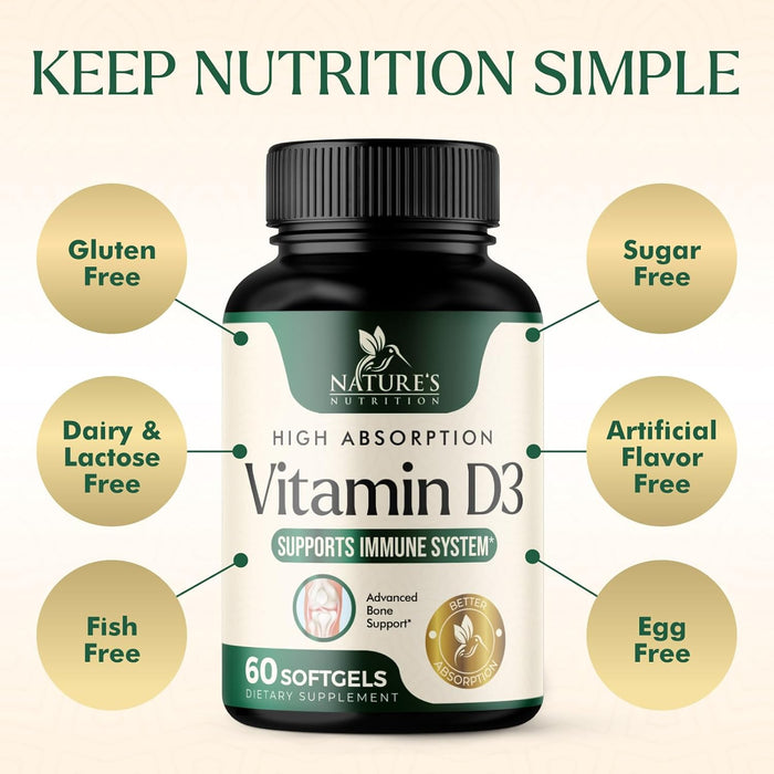 Vitamin D3 Supplement 5000IU (125 mcg) - Extra Strength Vitamins D-3 Dietary Softgels for Bone, Teeth, Muscle Health & Immune Support, Rapid Absorbtion Mini D Softgel, Non-GMO, Gluten Free - 60 Count
