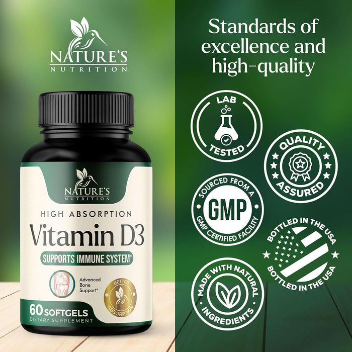 Vitamin D3 Supplement 5000IU (125 mcg) - Extra Strength Vitamins D-3 Dietary Softgels for Bone, Teeth, Muscle Health & Immune Support, Rapid Absorbtion Mini D Softgel, Non-GMO, Gluten Free - 60 Count
