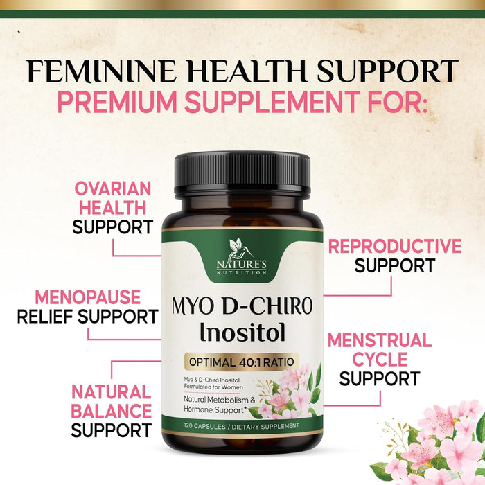 Myo-Inositol & D-Chiro Inositol 1025mg - 40:1 Ideal Ratio for Ovarian Support, Vegan Myo & D Chiro Supplement for Women's Natural Balance and Hormone Support, Vitamin B8, Non-GMO - 120 Capsules