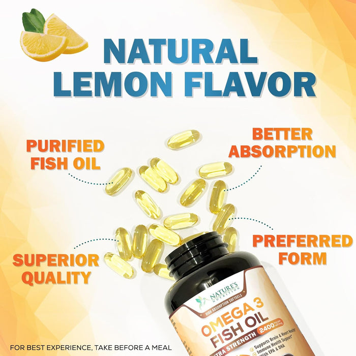 Omega 3 Fish Oil Supplement - Triple Strength Omega 3 Fish Oil Supplement with EPA & DHA - 1440 mg Omega-3 - Natural Support for Heart & Brain Health - Non-GMO, Lemon Flavor