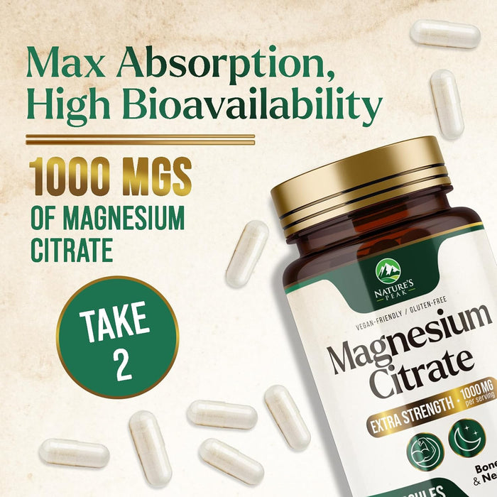 Magnesium Citrate 1000mg - High Absorption Magnesium Supplement Supports Muscle, Bone, Nerve & Heart Health - Extra Strength Magnesio Complex Pills - Non-GMO, Premium Energy Formula - 60 Capsules