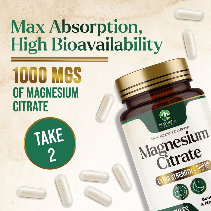 Magnesium Citrate 1000mg - High Absorption Magnesium Supplement Supports Muscle, Bone, Nerve & Heart Health - Extra Strength Magnesio Complex Pills - Non-GMO, Premium Energy Formula - 240 Capsules