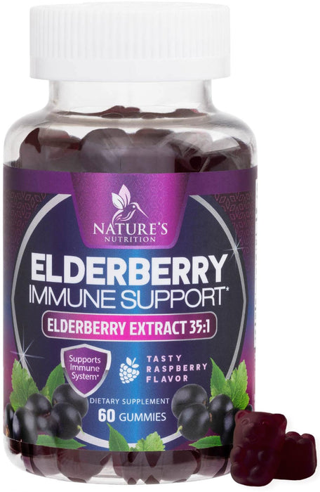 Elderberry Immune Support Gummies - Super Concentrated 35:1 Extract, Equivalent to 4200mg of Elderberries - Sambucus Black Elder Berry Vitamin Supplement, Daily Support for Kids & Adults - 60 Gummies