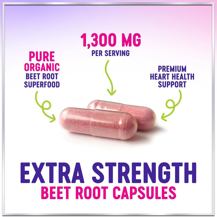 Organic Beet Root Capsules 1300mg - Extra Strength Beetroot Powder Supplement - Supports Blood Pressure, Athletic Performance & Immune System, Non-GMO, Gluten Free - Bottled in the USA - 120 Capsules