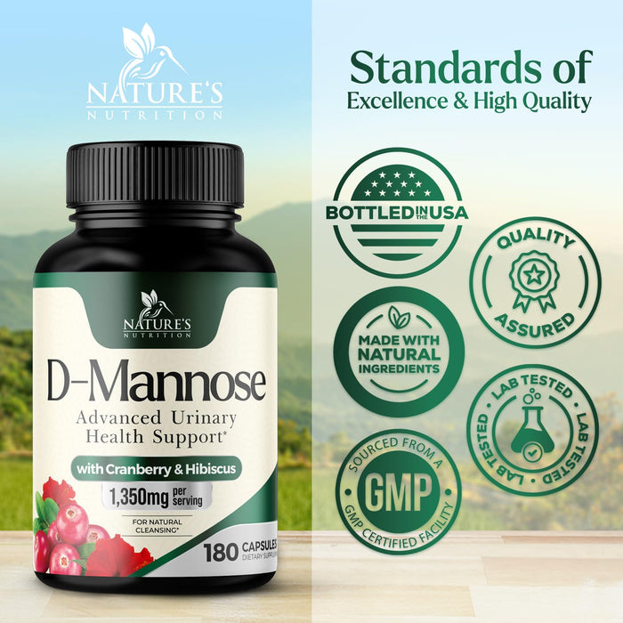 D-Mannose Supplement 1,350 mg with Cranberry & Hibiscus - Effective Fast-Acting, Flush the Impurities for Natural Bladder, Urinary Tract Health Support, for Women and Men, Non-GMO, Vegan, 180 Capsules