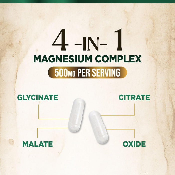 Magnesium Complex 500mg Supplement - Best Blend of Glycinate, Citrate, Malate & Oxide, Supports Sleep, Muscle, Bone & Heart Health, High Absorption, Chelated Magnesium Mineral Supplement, 120 Capsules