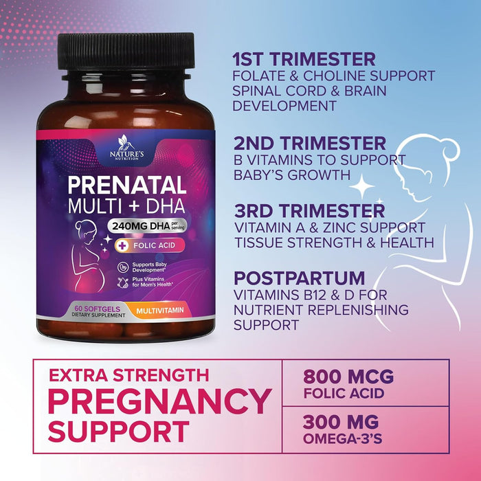 Women's Prenatal Multivitamin with Folic Acid & DHA, Prenatal Vitamins w/ Folate, Omega 3, Vitamins D3, B6, B12 & Iron, Pregnancy Support Prenatal Supplement, Non-GMO Gluten Free