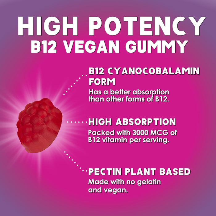 Vitamin B12 Gummies 3000 mcg, Extra Strength B 12 Gummy for Adults and Kids, B-12 Energy & Immune System Support Vitamins, Dietary Supplement, Raspberry Flavored